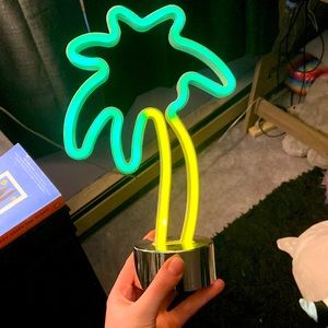 Neon Palm Tree LED Light. takes three double a’s. got it for $40.